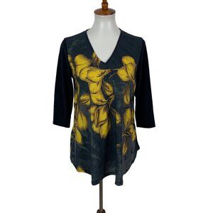 Thought Clothing 12 Black Yellow Top 3/4 Sleeve Artsy Boho Floral Print